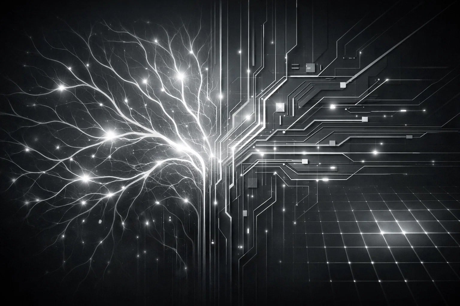 A human brain connected with digital circuitry, illustrating the connection between human understanding and AI.